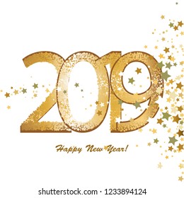 Vector illustration of Happy New Year 2019. Fireworks. Gold stars on a white background.