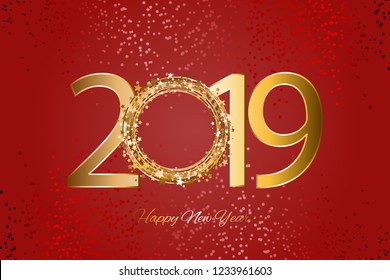 Vector illustration of Happy New Year 2019! Stars and snow on a red background