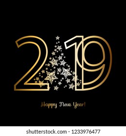 Vector illustration of Happy New Year 2019! Golden Christmas tree on a black background