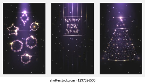 Vector illustration Happy New Year poster invitations. Set of Christmas trees and toys frames of bright light from particles symbol of holiday celebration. A4 banner Low polygonal mesh art night sky