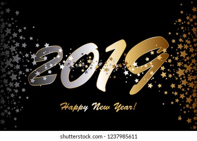 Vector illustration of Happy New Year 2019! Gold and silver stars on a black background