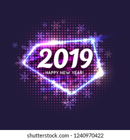 Vector illustration of a Happy New Year poster 2019. Vector illustration. Neon glow against a dark background.