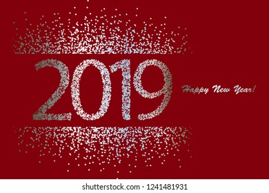 Vector illustration of Happy New Year 2019! Silver stars and sparkles on a red background