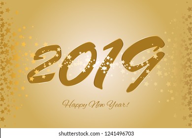 Vector illustration of Happy New Year 2019! Gold stars on a gold background.