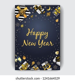 Vector illustration of happy new year. Hand drawn ivite for Christmas party.