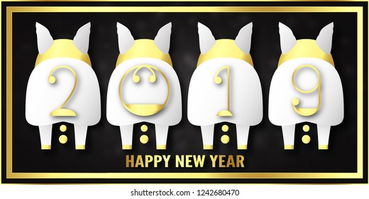 Vector illustration for Happy new year 2019. It's year of the pig. Abstract template with golden design for ceremony the end-of-year.