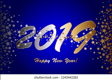 Vector illustration of Happy New Year 2019! Gold and silver stars on a blue background
