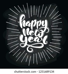 Vector illustration of Happy New Year lettering on black background with white stripes for greeting card/poster/banner template.