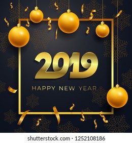 Vector illustration of happy new year 2019 gold and black colors. Text Design calendar. Freehand drawing. Christmas balls. Isolated on a dark background.