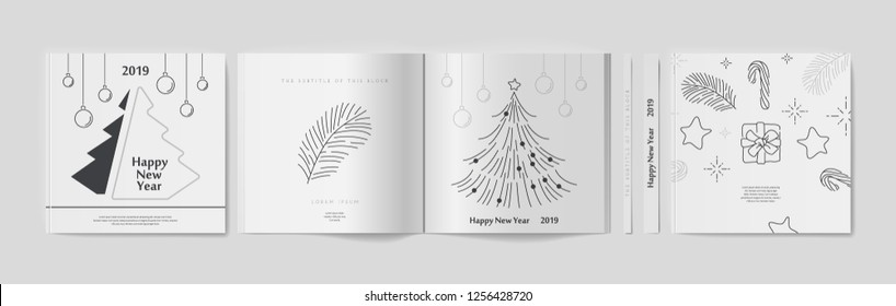 Vector illustration of happy new year 2019  white and black collors place for text christmas tree candy cane pine tree ball branches seasons greetings merry christmas square brochure cover design 2019