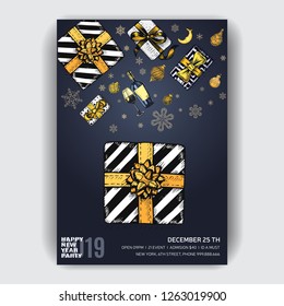 Vector illustration of happy new year. Hand drawn ivite for Christmas party.