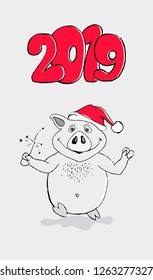 Vector illustration, Happy New Year 2019 funny card design with cartoon pig print. Merry Christmas
