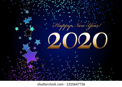 Vector illustration of Happy New Year 2020! Bright stars on a blue night sky.