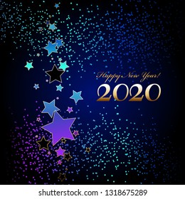 Vector illustration of Happy New Year 2020! Bright stars on a night, blue sky.