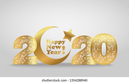 Vector illustration of happy new year 2020 gold numeral with silver snowflakes ornament on white  background with golden moon and star-muslim symbol. Year of the Rat for Chinese calendar
