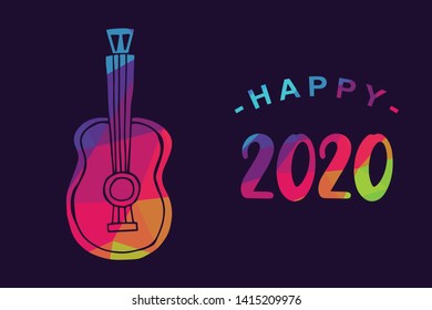 Vector Illustration of Happy New Year 2020 with Guitar Instrument Icon. Graphic Design for Shirt, Background, Template, Layout, Website, Mobile App and More.