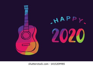 Vector Illustration of Happy New Year 2020 with Guitar Instrument Icon. Graphic Design for Shirt, Background, Template, Layout, Website, Mobile App and More.
