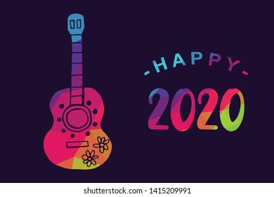 Vector Illustration of Happy New Year 2020 with Guitar Instrument Icon. Graphic Design for Shirt, Background, Template, Layout, Website, Mobile App and More.