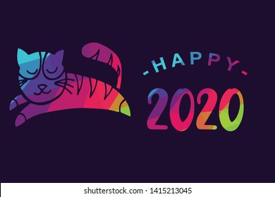 Vector Illustration of Happy New Year 2020 with Cat Animal Icon. Graphic Design for Shirt, Background, Template, Layout, Website, Mobile App and More.