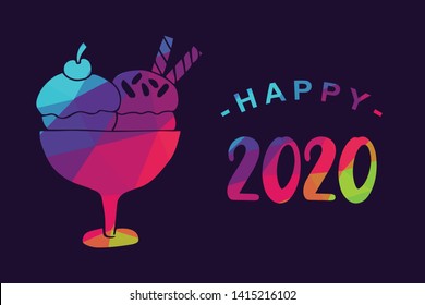 Vector Illustration of Happy New Year 2020 with Ice Cream Food Icon. Graphic Design for Shirt, Background, Template, Layout, Website, Mobile App and More.
