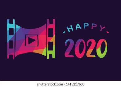 Vector Illustration of Happy New Year 2020 with Movie Film Play Icon. Graphic Design for Shirt, Background, Template, Layout, Website, Mobile App and More.