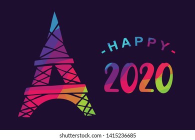 Vector Illustration of Happy New Year 2020 with Paris Eiffel Tower. Graphic Design for Shirt, Background, Template, Layout, Website, Mobile App and More.