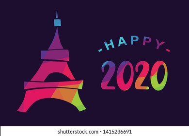 Vector Illustration of Happy New Year 2020 with Paris Eiffel Tower. Graphic Design for Shirt, Background, Template, Layout, Website, Mobile App and More.