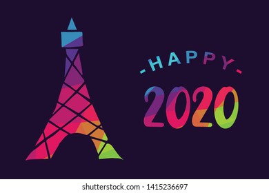 Vector Illustration of Happy New Year 2020 with Paris Eiffel Tower. Graphic Design for Shirt, Background, Template, Layout, Website, Mobile App and More.