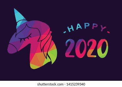 Vector Illustration of Happy New Year 2020 with Unicorn Magical Horse. Graphic Design for Shirt, Background, Template, Layout, Website, Mobile App and More.