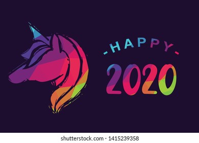 Vector Illustration of Happy New Year 2020 with Unicorn Magical Horse. Graphic Design for Shirt, Background, Template, Layout, Website, Mobile App and More.
