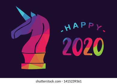 Vector Illustration of Happy New Year 2020 with Unicorn Magical Horse. Graphic Design for Shirt, Background, Template, Layout, Website, Mobile App and More.