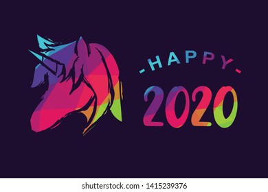 Vector Illustration of Happy New Year 2020 with Unicorn Magical Horse. Graphic Design for Shirt, Background, Template, Layout, Website, Mobile App and More.