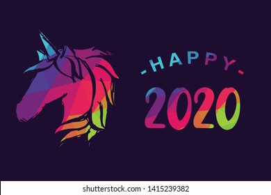 Vector Illustration of Happy New Year 2020 with Unicorn Magical Horse. Graphic Design for Shirt, Background, Template, Layout, Website, Mobile App and More.