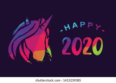 Vector Illustration of Happy New Year 2020 with Unicorn Magical Horse. Graphic Design for Shirt, Background, Template, Layout, Website, Mobile App and More.