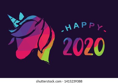 Vector Illustration of Happy New Year 2020 with Unicorn Magical Horse. Graphic Design for Shirt, Background, Template, Layout, Website, Mobile App and More.