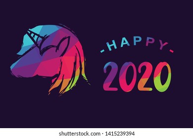 Vector Illustration of Happy New Year 2020 with Unicorn Magical Horse. Graphic Design for Shirt, Background, Template, Layout, Website, Mobile App and More.