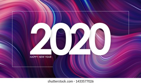 Vector illustration: Happy New Year 2020 on modern colorful flow background Trendy design