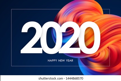 Vector illustration: Happy New Year 2020. Greeting card with colorful abstract fluid shape. Trendy design