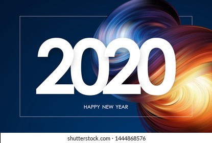 Vector illustration: Happy New Year 2020. Greeting card with colorful 3d abstract liquid shape. Trendy design