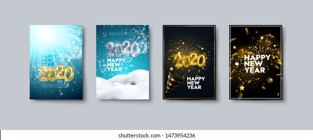 Vector illustration of Happy New Year posters or flyers set. Holiday banners with metallic 2020 numbers, party popper, snow, tinsel and confetti. Winter festive decoration. New Year party invitation