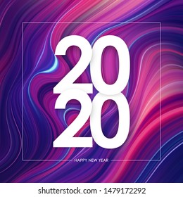 Vector illustration: Happy New Year 2020. Greeting poster with colorful abstract twisted paint background. Trendy design