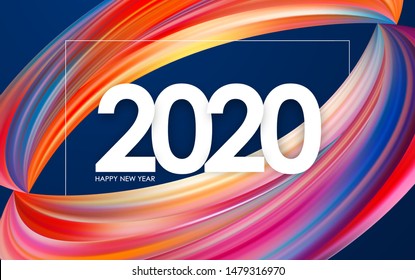 Vector illustration: Happy New Year 2020. Greeting card with colorful abstract twisted paint shape. Trendy design