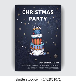 Vector illustration of happy new year. Hand drawn invitation for Christmas party.