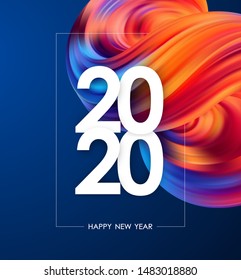 Vector illustration: Happy New Year 2020. Greeting poster with colorful abstract fluid shape. Trendy design