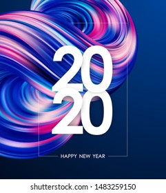 Vector illustration: Happy New Year 2020. Greeting poster with colorful abstract liquid or fluid shape. Trendy design