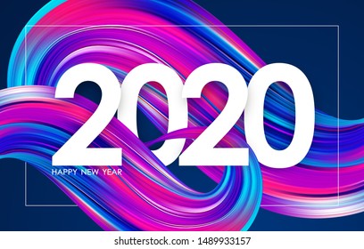 Vector illustration: Happy New Year 2020. Greeting card with colorful abstract twisted paint stroke shape. Trendy design