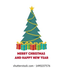 Vector illustration Happy New Year and Merry Christmas, greeting card with Christmas tree and gifts