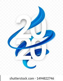 Vector illustration: Happy New Year.  Number of 2020 with blue abstract twisted paint stroke shape. Trendy design