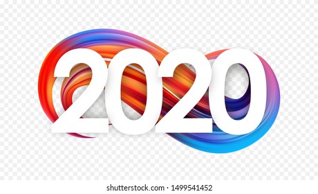 Vector illustration: Happy New Year.  Number of 2020 with colorful abstract twisted paint stroke shape. Trendy design