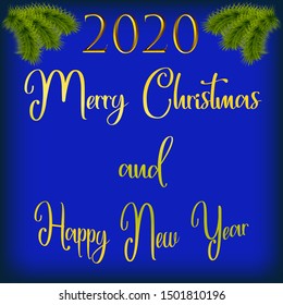 Vector illustration of happy new year and merry christmas. Gold and blue colors.